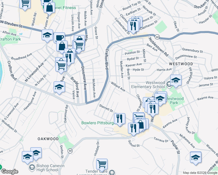 map of restaurants, bars, coffee shops, grocery stores, and more near 501 Clearview Avenue in Pittsburgh