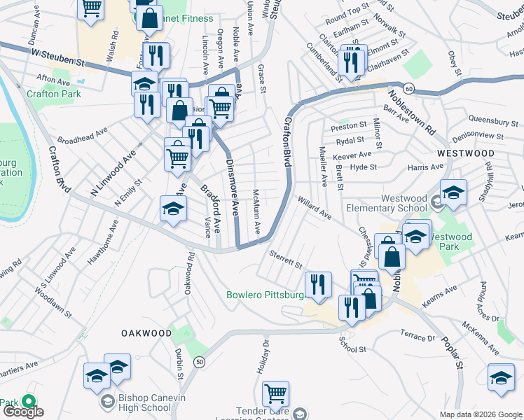map of restaurants, bars, coffee shops, grocery stores, and more near 22 Elmwood Street in Crafton