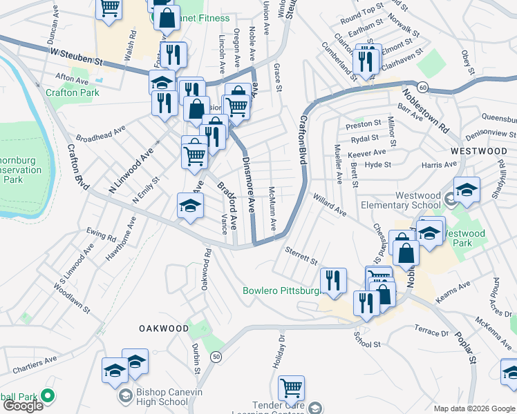 map of restaurants, bars, coffee shops, grocery stores, and more near 22 Elmwood Street in Crafton