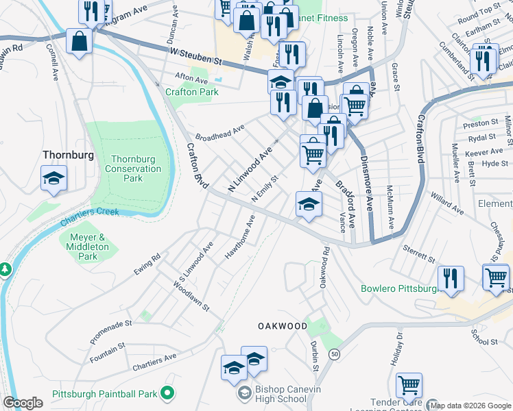 map of restaurants, bars, coffee shops, grocery stores, and more near in Crafton