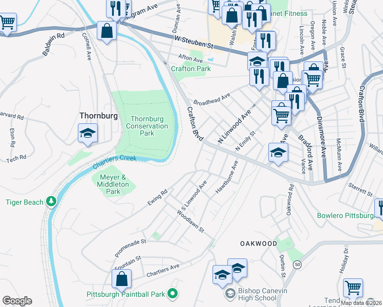 map of restaurants, bars, coffee shops, grocery stores, and more near 16 South Grandview Avenue in Pittsburgh