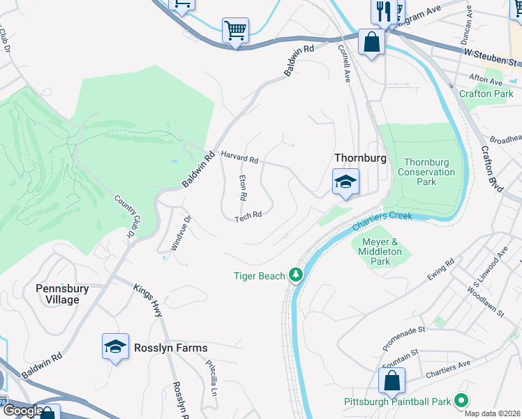 map of restaurants, bars, coffee shops, grocery stores, and more near 242 Tech Road in Pittsburgh