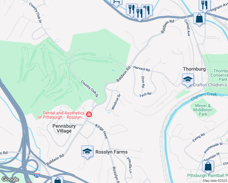 map of restaurants, bars, coffee shops, grocery stores, and more near 510 Thorncliffe Drive in Pittsburgh