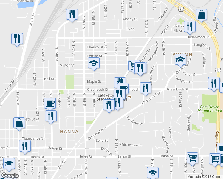 map of restaurants, bars, coffee shops, grocery stores, and more near in Lafayette