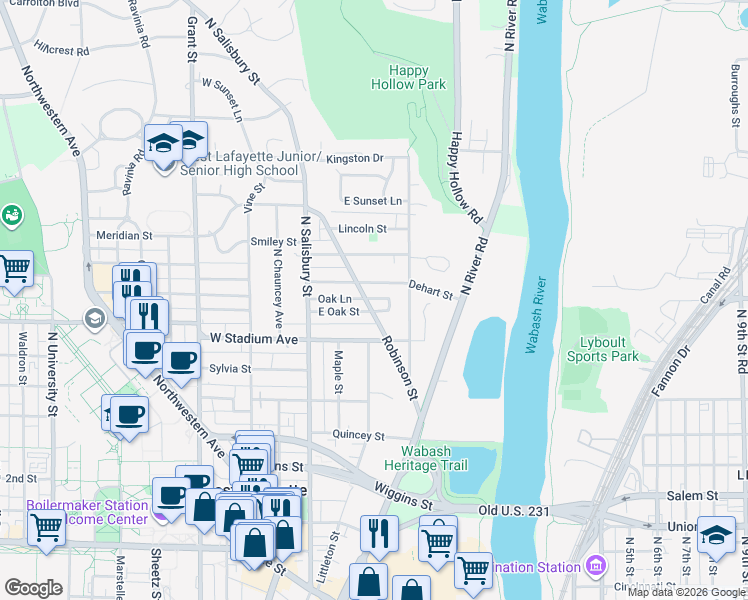 map of restaurants, bars, coffee shops, grocery stores, and more near 603 Oak Lane in West Lafayette