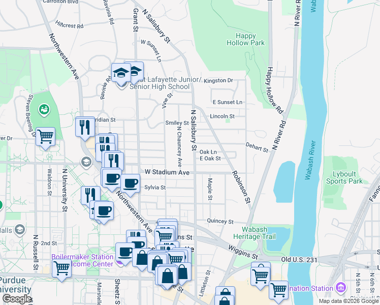 map of restaurants, bars, coffee shops, grocery stores, and more near 724 North Salisbury Street in West Lafayette