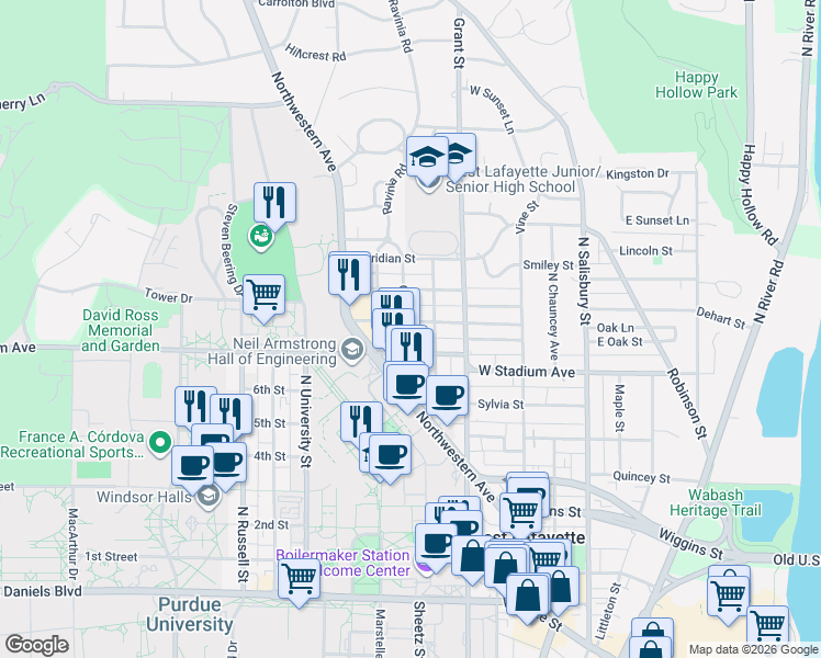 map of restaurants, bars, coffee shops, grocery stores, and more near 600 Evergreen Street in West Lafayette