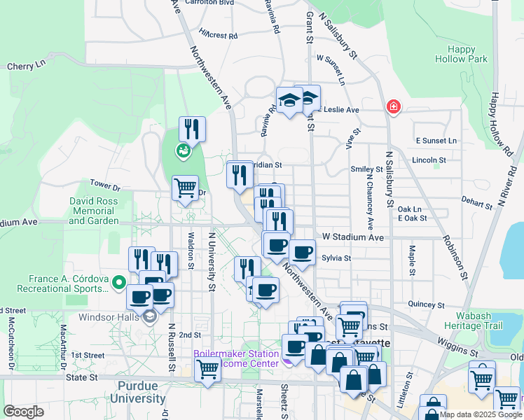 map of restaurants, bars, coffee shops, grocery stores, and more near 600 Evergreen Street in West Lafayette