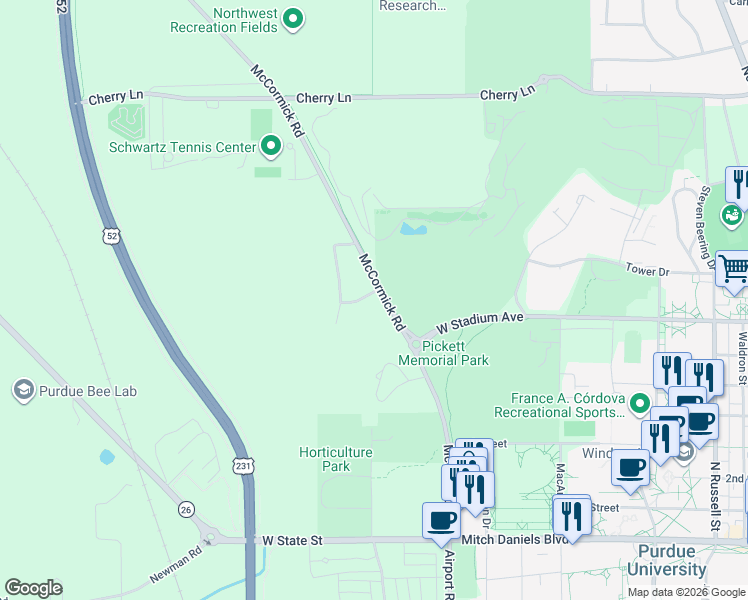 map of restaurants, bars, coffee shops, grocery stores, and more near 2100 Fairway Lane in West Lafayette