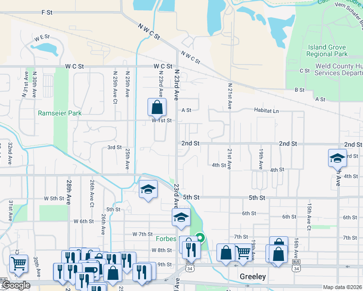 map of restaurants, bars, coffee shops, grocery stores, and more near 140 23rd Avenue in Greeley