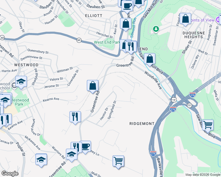 map of restaurants, bars, coffee shops, grocery stores, and more near 476 Ridgemont Drive in Pittsburgh