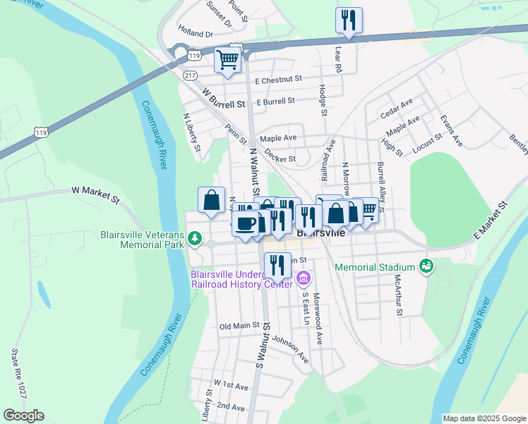 map of restaurants, bars, coffee shops, grocery stores, and more near 134 North Walnut Street in Blairsville