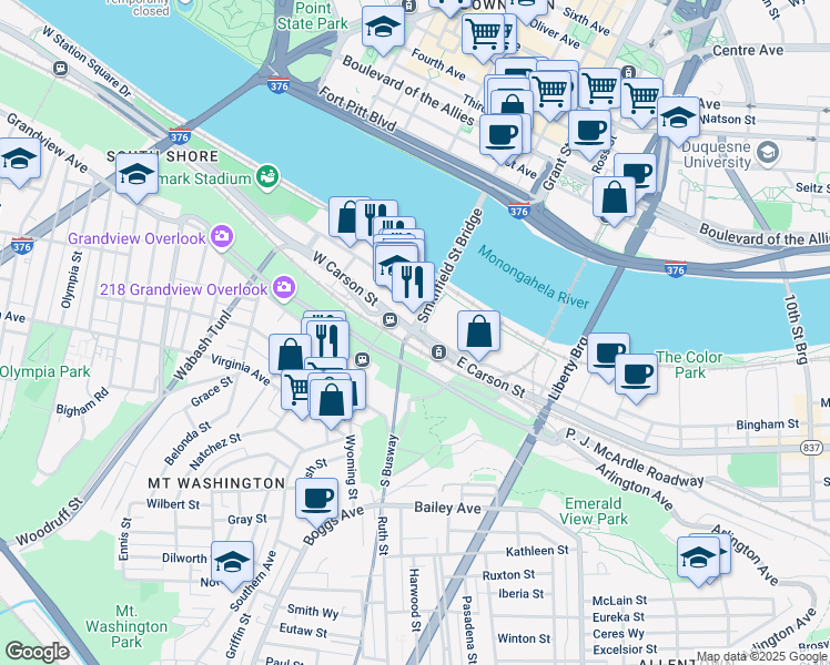 map of restaurants, bars, coffee shops, grocery stores, and more near 101 West Station Square Drive in Pittsburgh