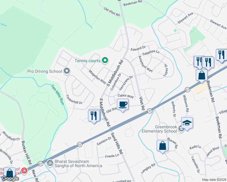 map of restaurants, bars, coffee shops, grocery stores, and more near 39 Columbus Drive in Franklin Township
