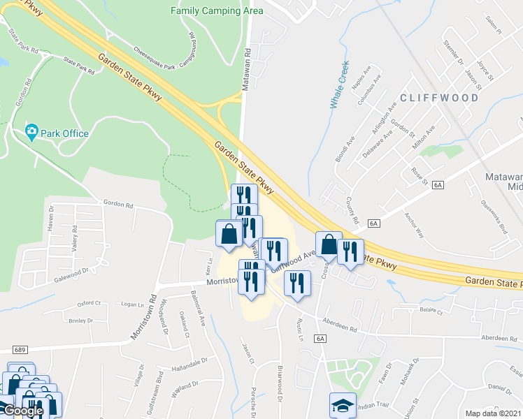 map of restaurants, bars, coffee shops, grocery stores, and more near 100 Matawan Road in South Amboy