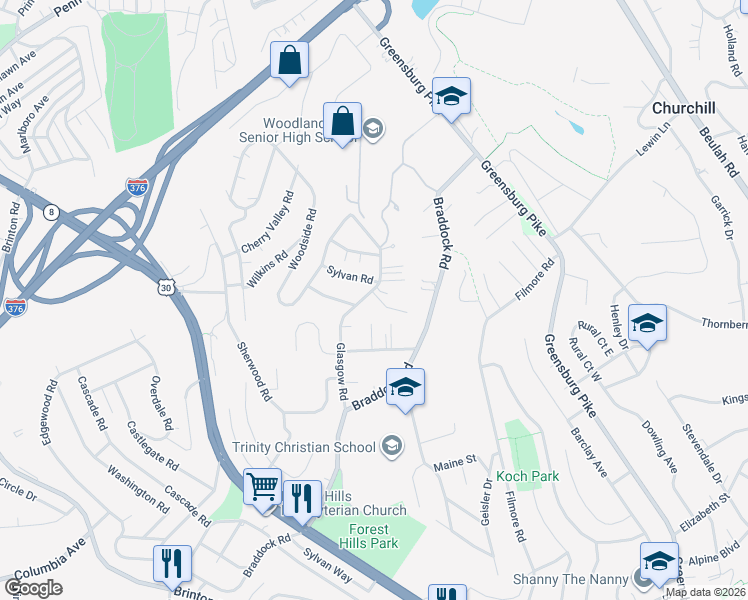 map of restaurants, bars, coffee shops, grocery stores, and more near 28 Sylvan Road in Pittsburgh