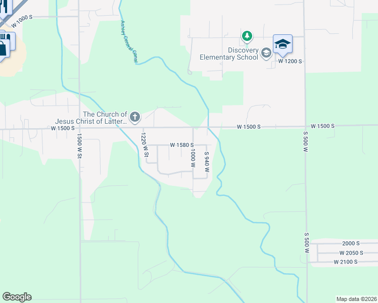 map of restaurants, bars, coffee shops, grocery stores, and more near 1032 West 1580 South in Vernal