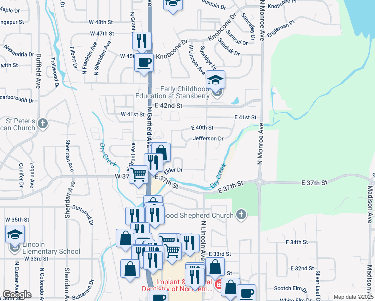 map of restaurants, bars, coffee shops, grocery stores, and more near 3802 Jefferson Drive in Loveland