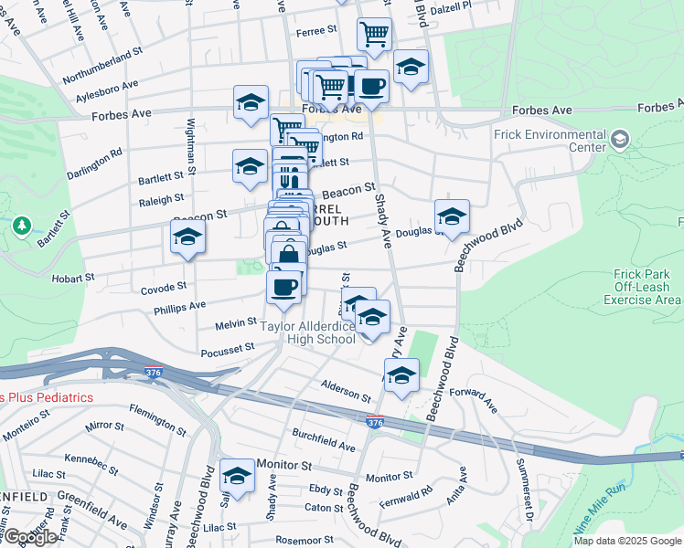 map of restaurants, bars, coffee shops, grocery stores, and more near 5870 Phillips Avenue in Pittsburgh