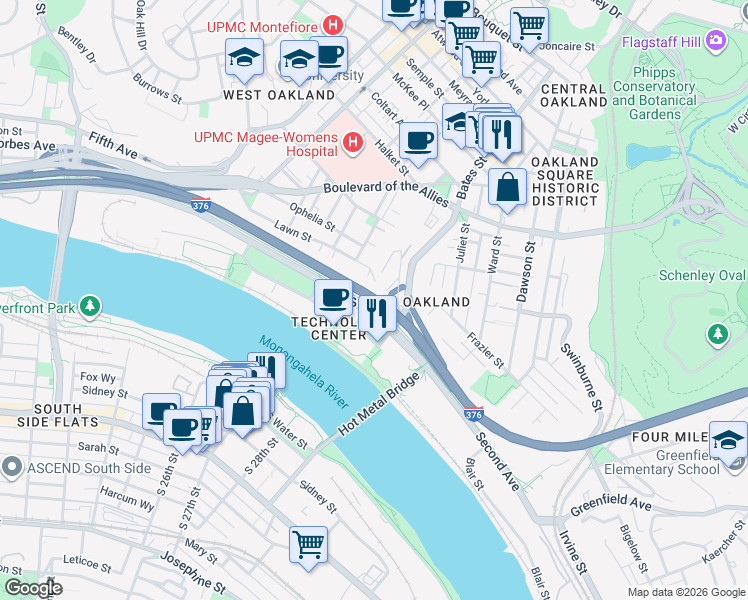 map of restaurants, bars, coffee shops, grocery stores, and more near Penn Lincoln Pkwy in Pittsburgh