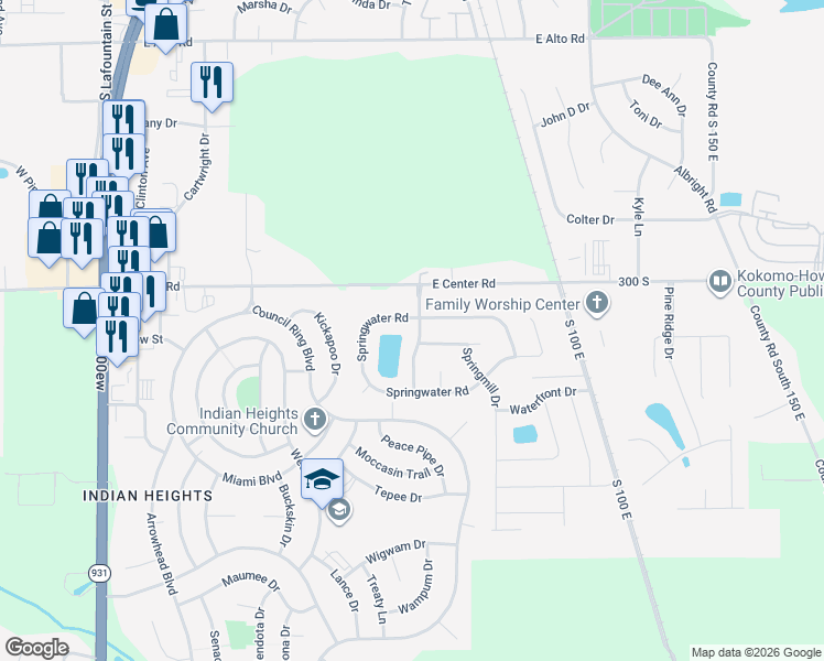map of restaurants, bars, coffee shops, grocery stores, and more near 4007 Highland Springs Drive in Kokomo