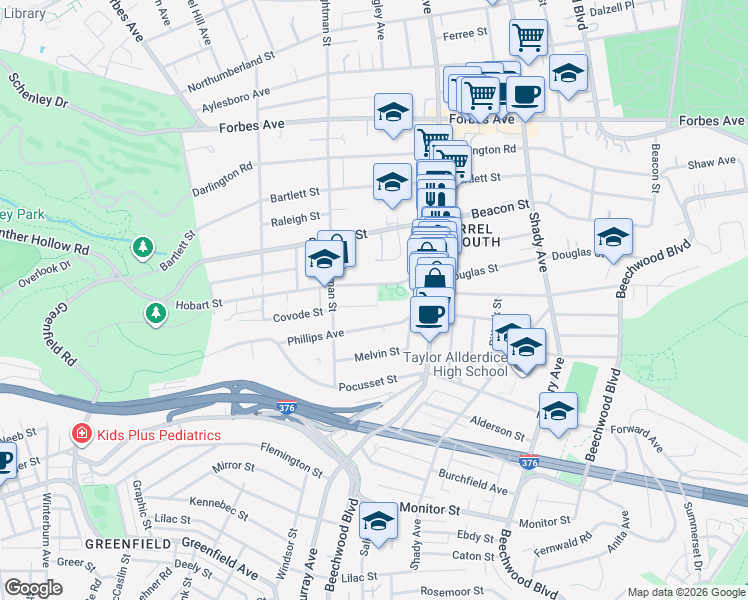 map of restaurants, bars, coffee shops, grocery stores, and more near 5645 Hempstead Street in Pittsburgh