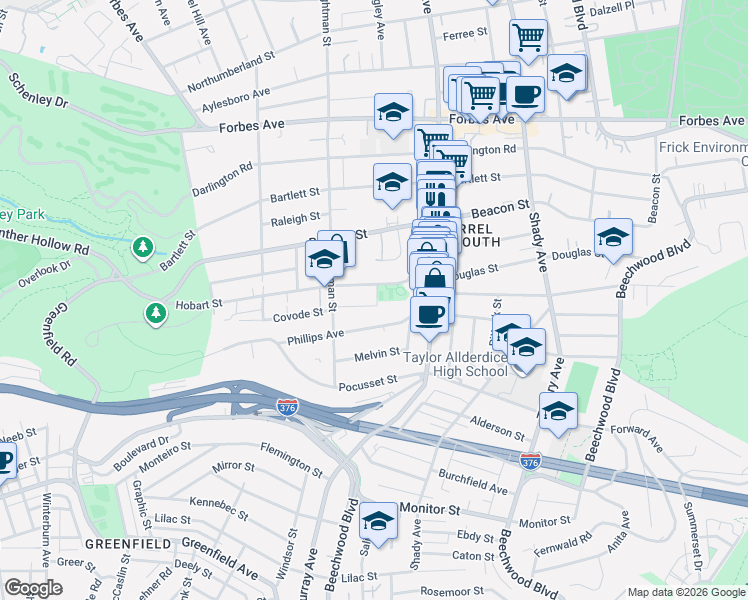 map of restaurants, bars, coffee shops, grocery stores, and more near 5645 Hempstead Street in Pittsburgh