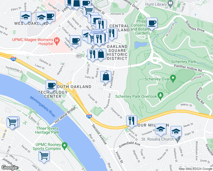 map of restaurants, bars, coffee shops, grocery stores, and more near 3323 Parkview Avenue in Pittsburgh