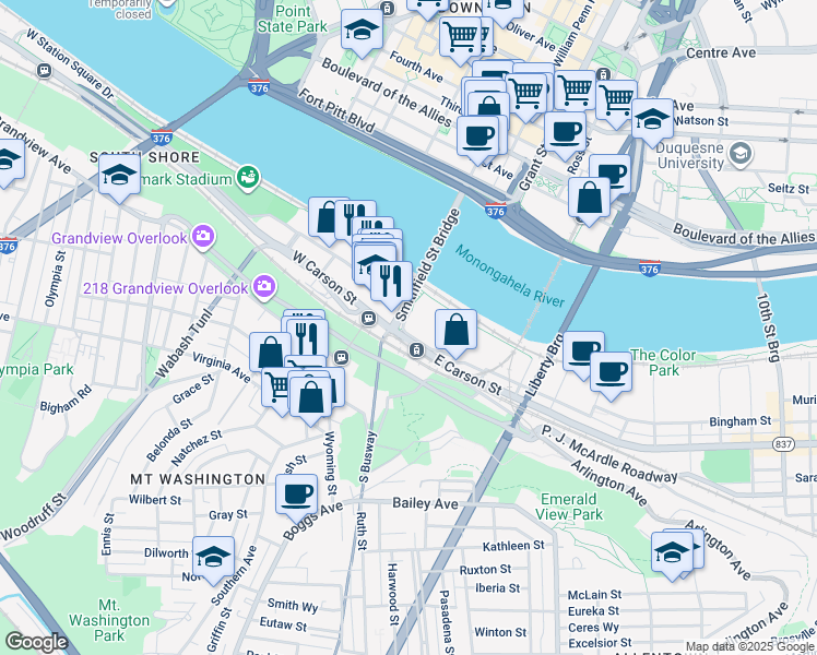 map of restaurants, bars, coffee shops, grocery stores, and more near 101 West Station Square Drive in Pittsburgh