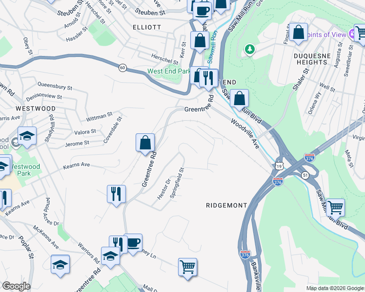 map of restaurants, bars, coffee shops, grocery stores, and more near 476 Ridgemont Drive in Pittsburgh