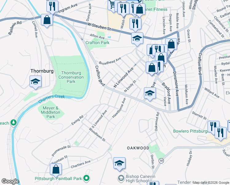 map of restaurants, bars, coffee shops, grocery stores, and more near 1986 Crafton Boulevard in Pittsburgh