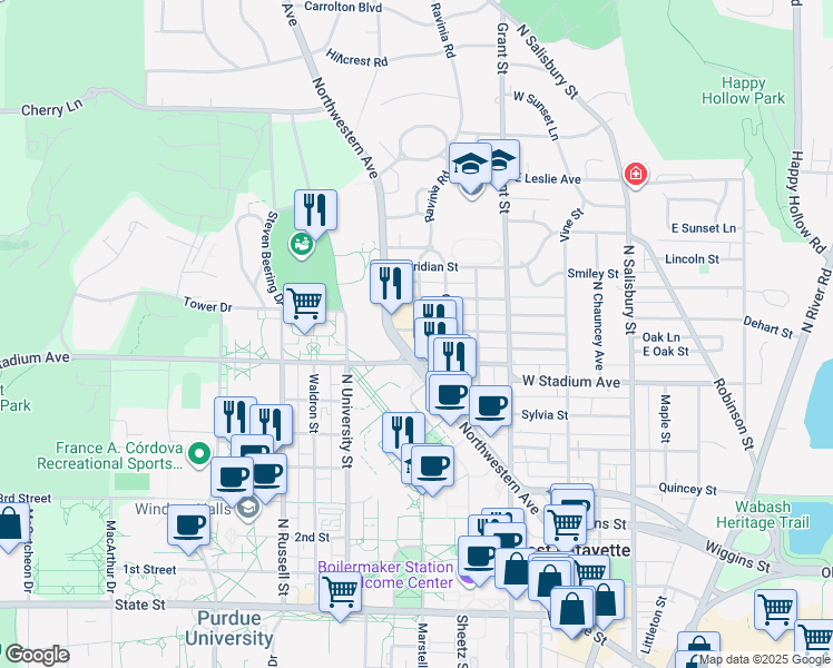 map of restaurants, bars, coffee shops, grocery stores, and more near 720 Evergreen Street in West Lafayette