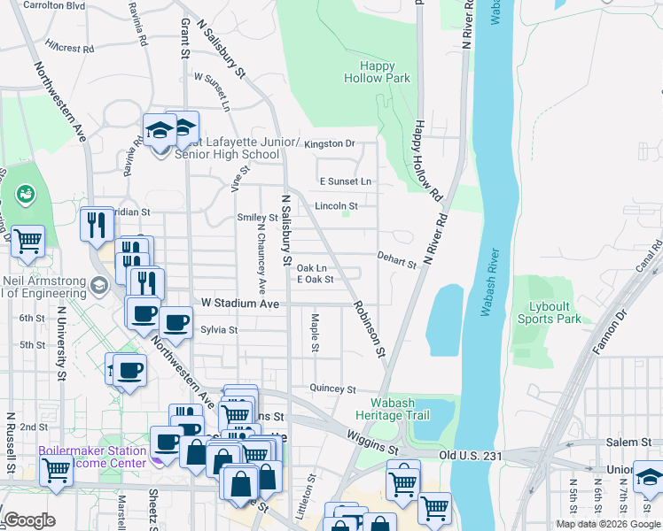map of restaurants, bars, coffee shops, grocery stores, and more near 131 Dehart Street in West Lafayette