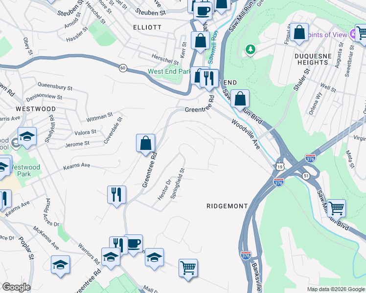 map of restaurants, bars, coffee shops, grocery stores, and more near 476 Ridgemont Drive in Pittsburgh