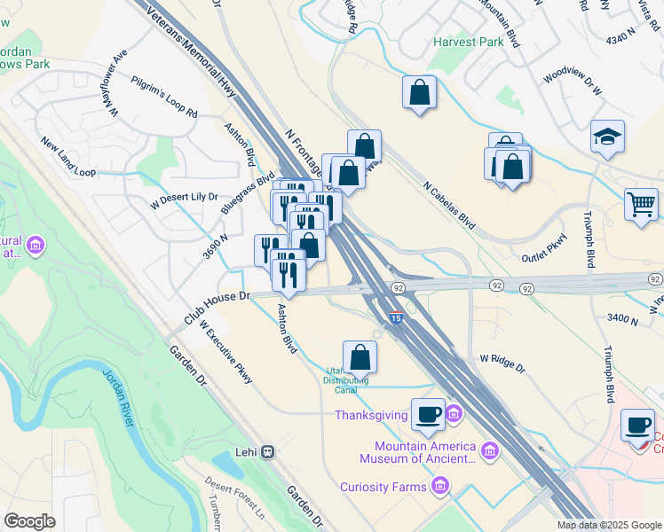 map of restaurants, bars, coffee shops, grocery stores, and more near North Thanksgiving Way in Lehi