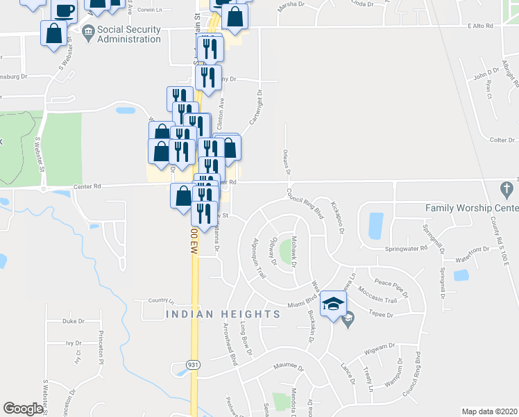 map of restaurants, bars, coffee shops, grocery stores, and more near 5001 Arrowhead Boulevard in Kokomo