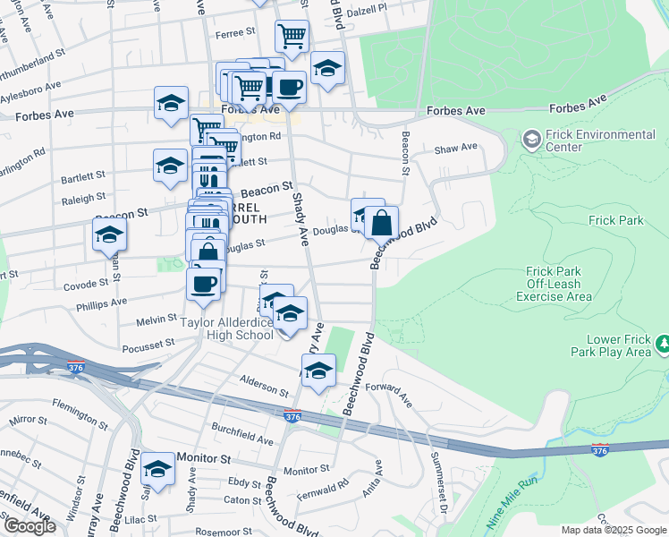 map of restaurants, bars, coffee shops, grocery stores, and more near 6333 Phillips Avenue in Pittsburgh