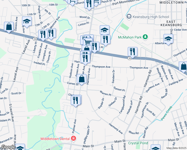 map of restaurants, bars, coffee shops, grocery stores, and more near 507 Thompson Place in Monmouth County