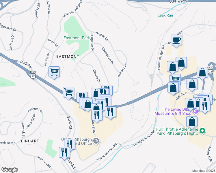 map of restaurants, bars, coffee shops, grocery stores, and more near 210 Kingston Drive in Pittsburgh