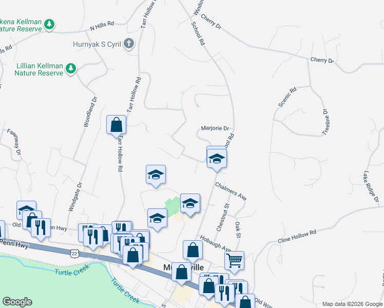map of restaurants, bars, coffee shops, grocery stores, and more near 4726 Tomer Drive in Murrysville