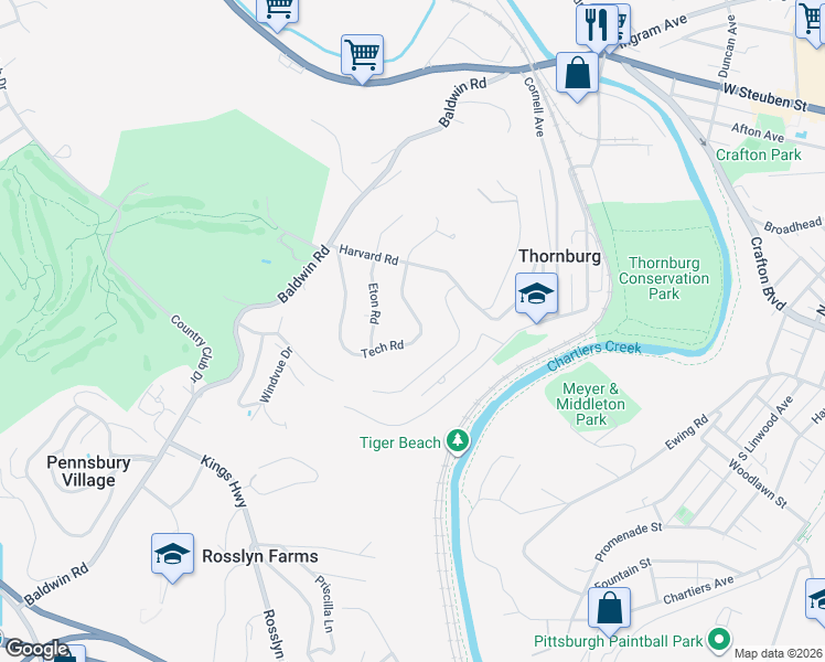 map of restaurants, bars, coffee shops, grocery stores, and more near 242 Tech Road in Pittsburgh