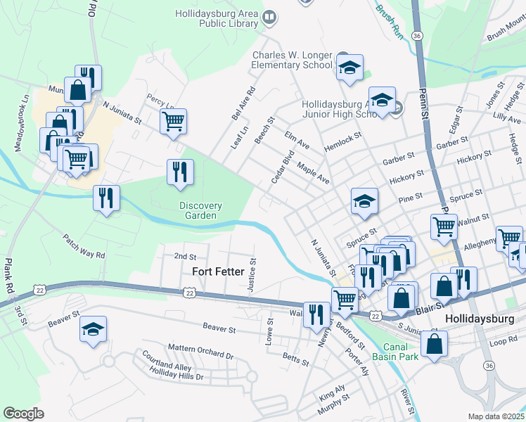 map of restaurants, bars, coffee shops, grocery stores, and more near 1111 North Juniata Street in Hollidaysburg