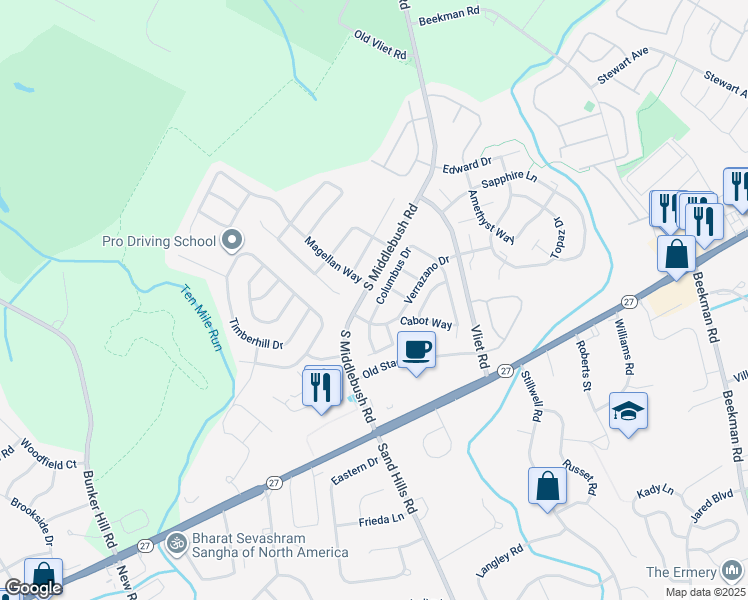 map of restaurants, bars, coffee shops, grocery stores, and more near 39 Columbus Drive in Franklin Township