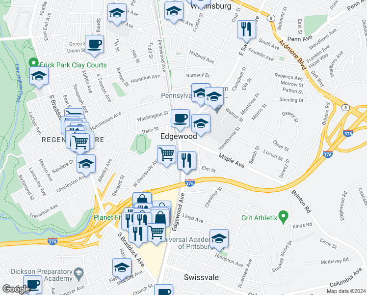 map of restaurants, bars, coffee shops, grocery stores, and more near 118 Maple Avenue in Pittsburgh