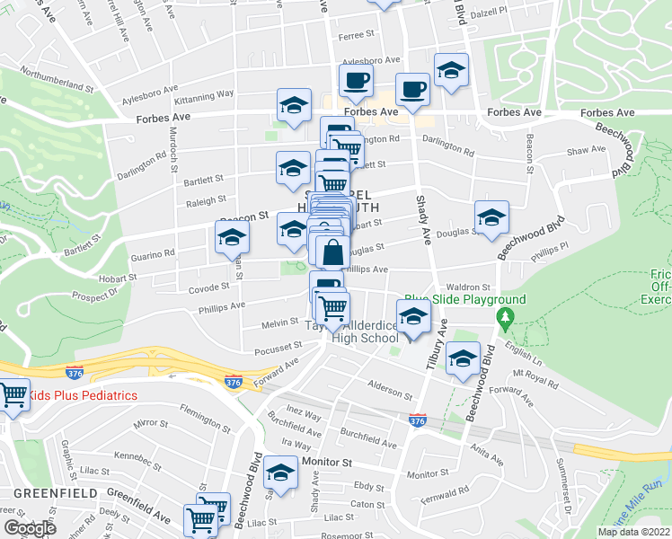 map of restaurants, bars, coffee shops, grocery stores, and more near in Pittsburgh