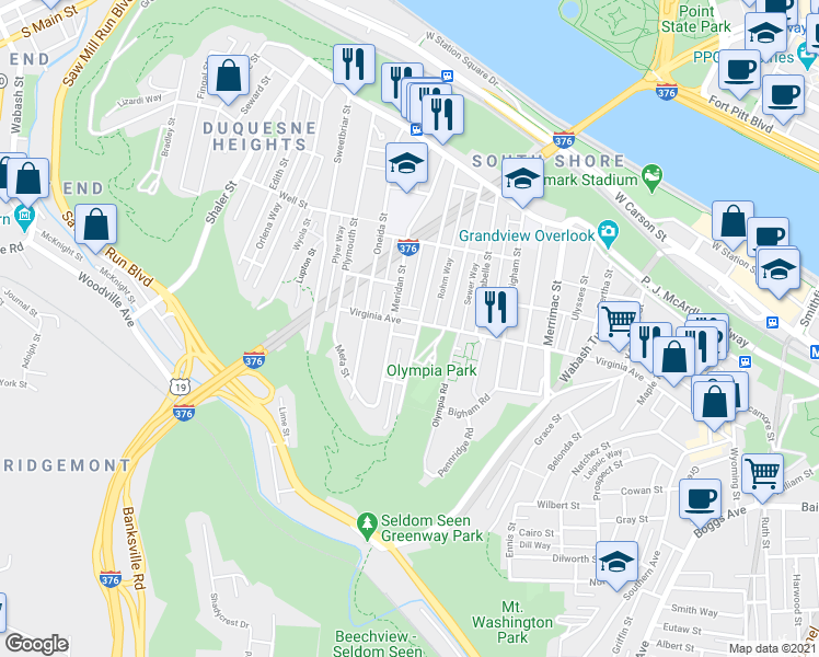 map of restaurants, bars, coffee shops, grocery stores, and more near 1104 Virginia Avenue in Pittsburgh