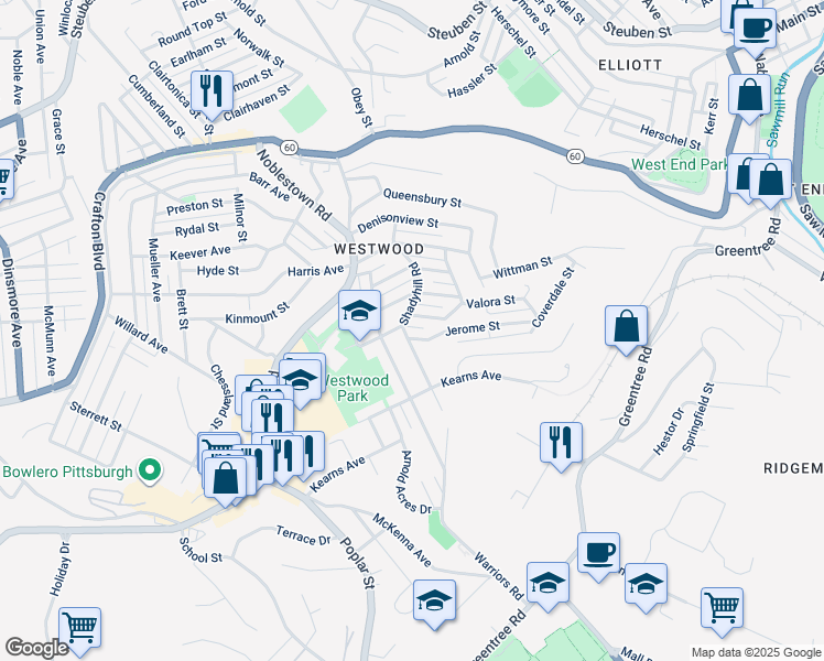 map of restaurants, bars, coffee shops, grocery stores, and more near 1221 Highman Street in Pittsburgh