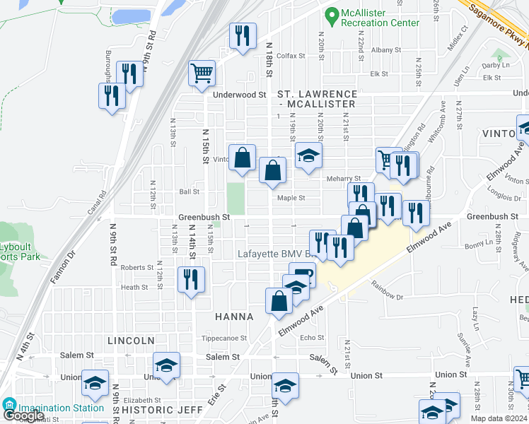 map of restaurants, bars, coffee shops, grocery stores, and more near 1712 Greenbush Street in Lafayette
