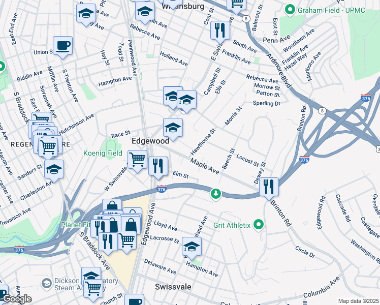 map of restaurants, bars, coffee shops, grocery stores, and more near 103 Hawthorne Street in Pittsburgh