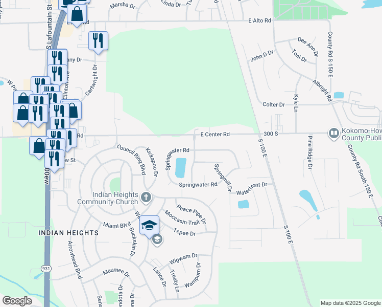 map of restaurants, bars, coffee shops, grocery stores, and more near 4007 Highland Springs Drive in Kokomo
